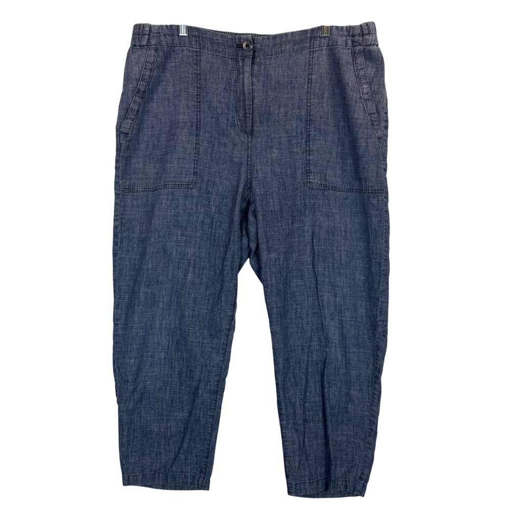 Eileen Fisher Chambray Ankle Pants Hemp Organic Cotton Zipper Elastic Waist Sz L